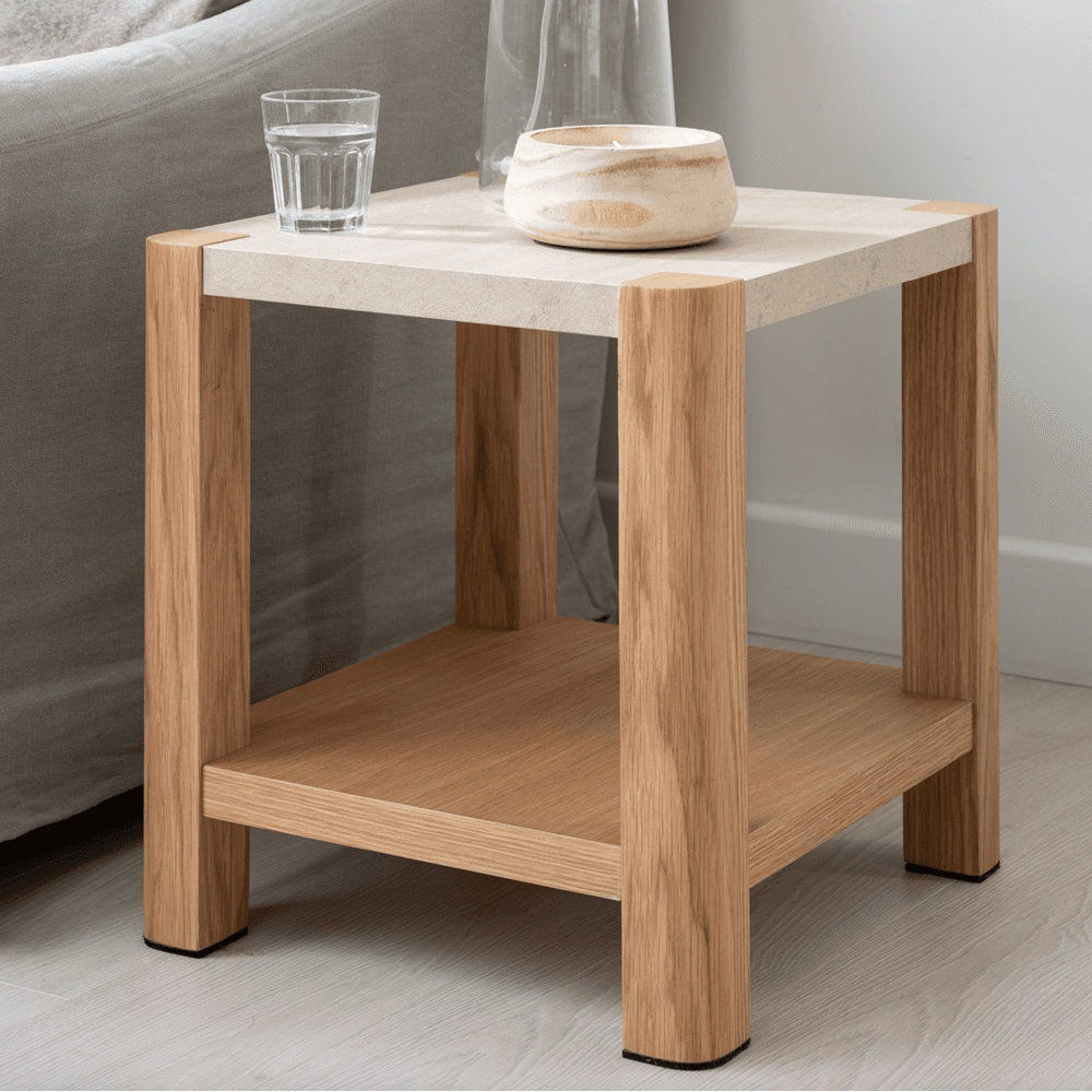 Arlo Natural Oak Side Table with Travertine Ceramic Top